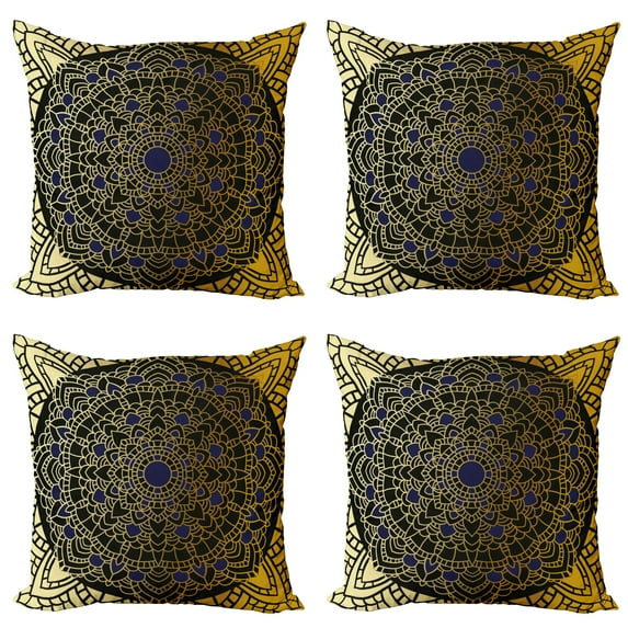 Ambesonne Mandala Throw Pillow Cover 4 Pack, Lotus Inspired Design, 18", Navy Blue Yellow