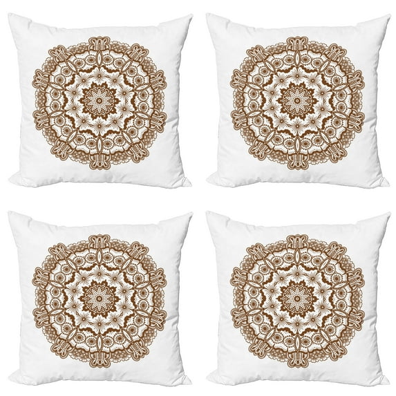 Ambesonne Mandala Throw Pillow Cover 4 Pack, Monochrome Circles Ornate, 24", Chocolate and White
