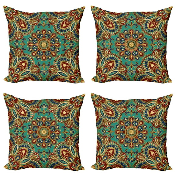 Ambesonne Mandala Throw Pillow Cover 4 Pack, Oriental, 20", Teal Indigo Ruby