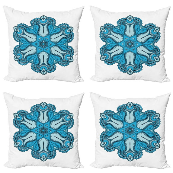 Ambesonne Mandala Throw Pillow Cover 4 Pack, Traditional Blooming Floral, 24", Blue White