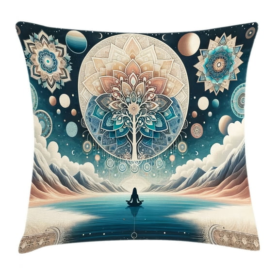 Ambesonne Mandala Throw Pillow Cushion Cover, Mystic Lands Arcane World, 18" X 18", Dark Turquoise and Peach