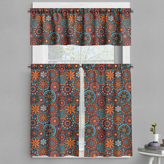 Ambesonne Mandala Valance & Curtain, Circular Nested Floral Form, 55"x24", Vermilion Ruby Sky Blue