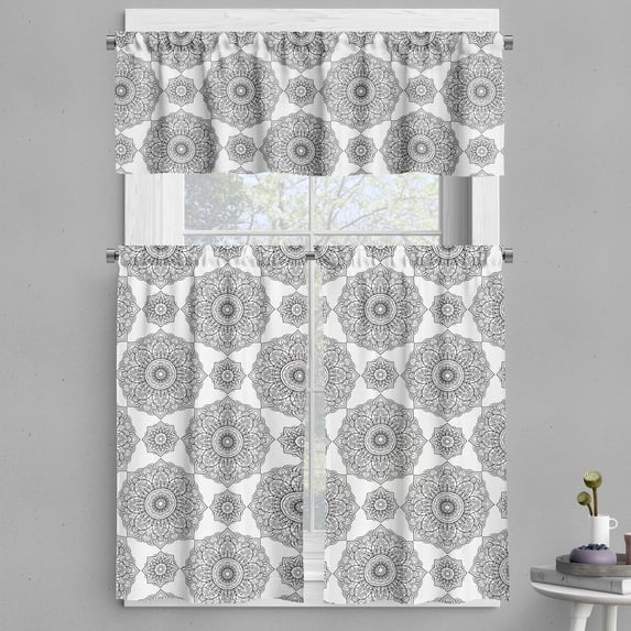 Ambesonne Mandala Valance & Curtain, Eastern Petals and Leaves, 55"x45", Black and White