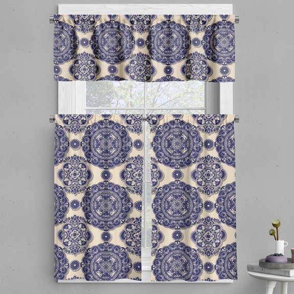 Ambesonne Mandala Valance & Curtain, Medieval Exotic Revival, 55"x30", Beige Navy Blue
