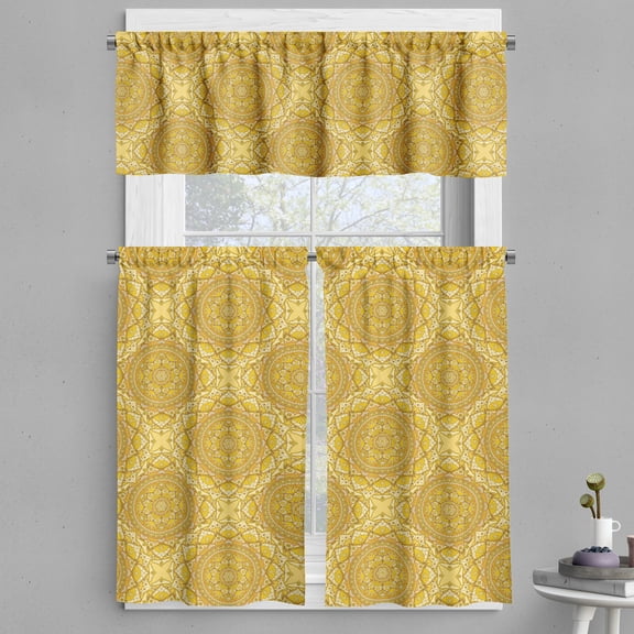 Ambesonne Mandala Valance & Curtain, Oriental Cosmic Floral Form, 55"x36", Earth Yellow Mustard