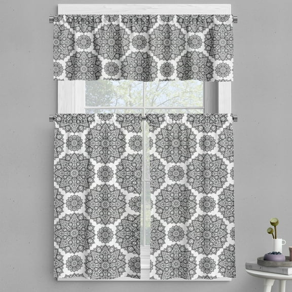 Ambesonne Mandala Valance & Curtain, Oriental Mandala Design, 55"x30", Black and White