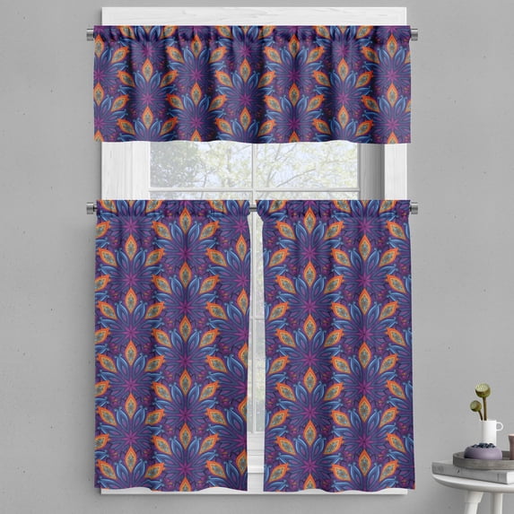 Ambesonne Mandala Valance & Curtain, Vibrant Floral Ornate, 55"x30", Orange Pale Blue Purple