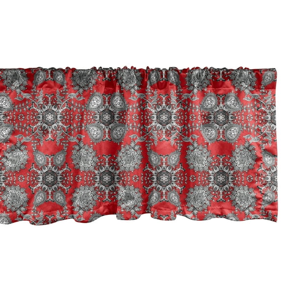 Ambesonne Mandala Window Valance, Doodle Mandala Flower Art, 54" X 12", Scarlet White Black