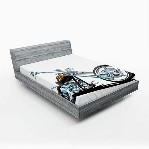 Ambesonne Manly Fitted Sheet, American Motorcycle Sport, Full Size, White Pale Blue Grey