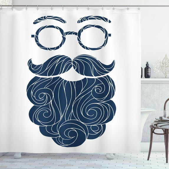 Ambesonne Manly Shower Curtain, Hipster Fashion Beard Glasses, 69"Wx75"L, Dark Petrol Blue White