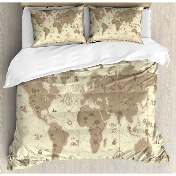Ambesonne Map Duvet Cover Sets, Aged World Monsters Compass, 2-King, Sepia Pale Yellow