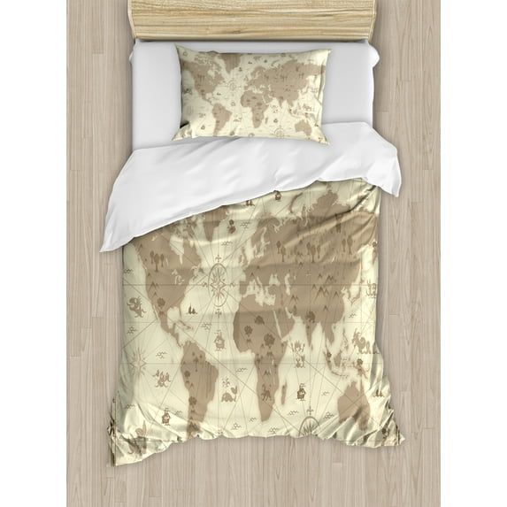 Ambesonne Map Duvet Cover Sets, Aged World Monsters Compass, 2-Twin, Sepia Pale Yellow