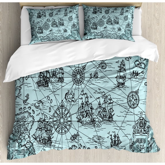 Ambesonne Map Duvet Cover Sets, Pirate Ships Treasure Island, 2-King, Pale Grey Charcoal Grey