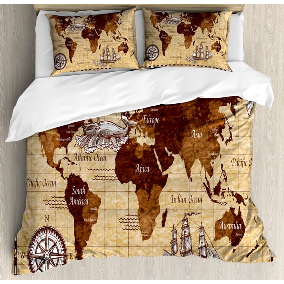 Ambesonne Map Duvet Cover Sets, Retro Sketch World Map, 2-Queen, Brown and Sand Brown