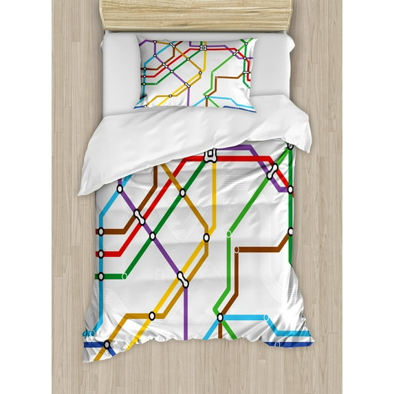Ambesonne Map Duvet Cover Sets, Vibrant Striped Metro Route, 2-Twin, Multicolor