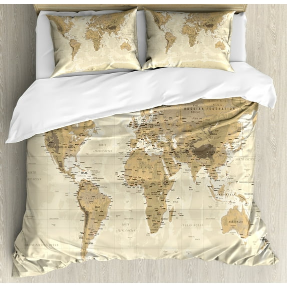 Ambesonne Map Duvet Cover Sets, Vintage Old World Mapping Atlas, 2-Queen, Tan and Beige