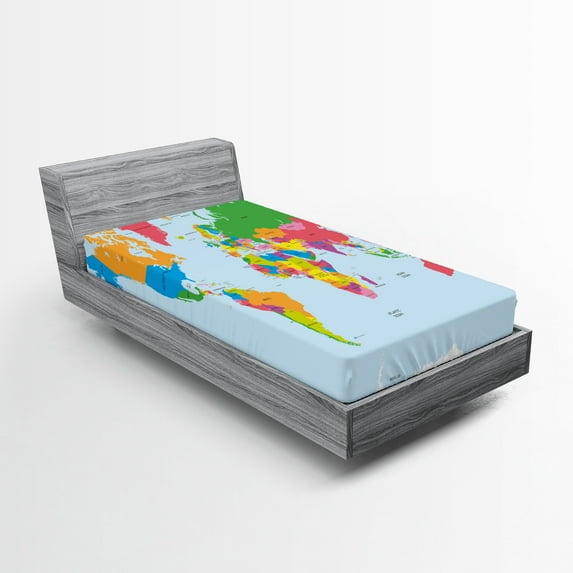 Ambesonne Map Fitted Sheet 2 Pcs Set, Colorful Political World, Twin, Multicolor