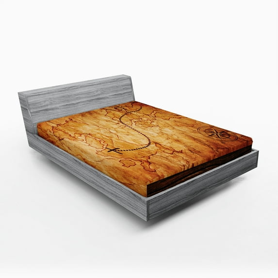 Ambesonne Map Fitted Sheet, Antique Map Wooden Wall, Full Size, Orange Brown