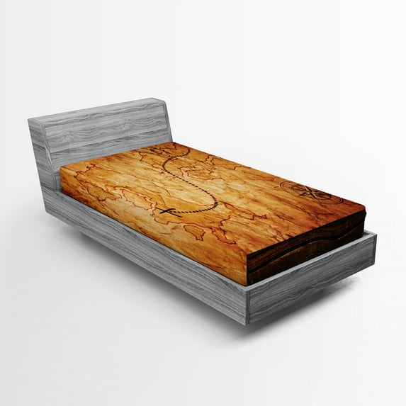 Ambesonne Map Fitted Sheet, Antique Map Wooden Wall, Twin Size, Orange Brown