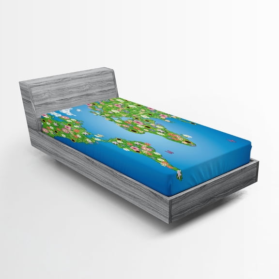 Ambesonne Map Fitted Sheet, Daisy Lily Grass, Twin Size, Lime Green Blue