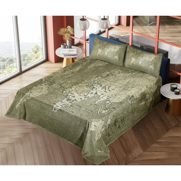 Ambesonne Map Fitted & Top Sheet Set with Shams, Nostalgic World Map, Army Green