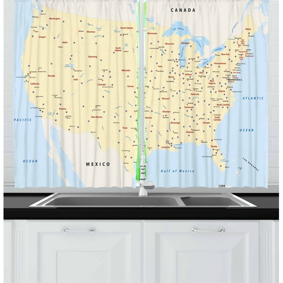 Ambesonne Map Kitchen Curtains, America Cities Interstate, 55"x45", Yellow Red Pale Blue
