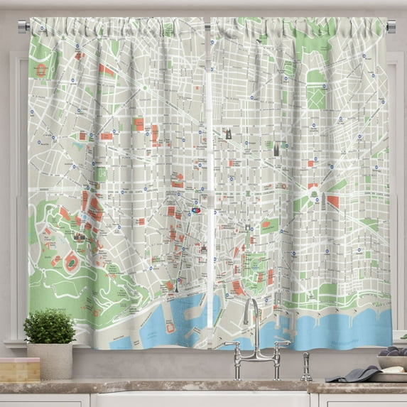Ambesonne Map Kitchen Curtains, Barcelona Streets Parks, 55"x39", Lime Green Pale Blue