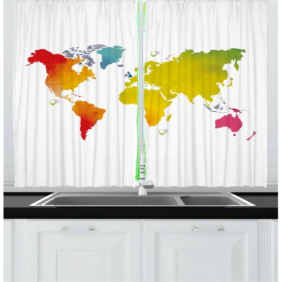 Ambesonne Map Kitchen Curtains, Continents World Watercolor, 55"x39", Multicolor