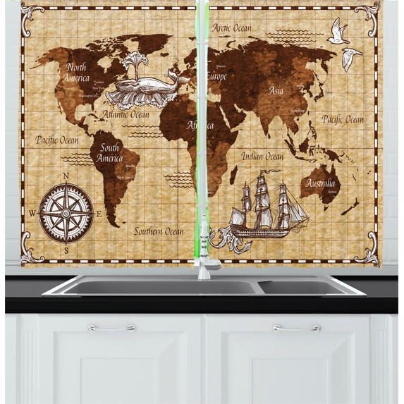 Ambesonne Map Kitchen Curtains, Retro Sketch World Map, 55"x39", Brown and Sand Brown