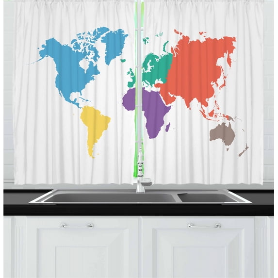 Ambesonne Map Kitchen Curtains, World Global Continents, 55"x39", Multicolor