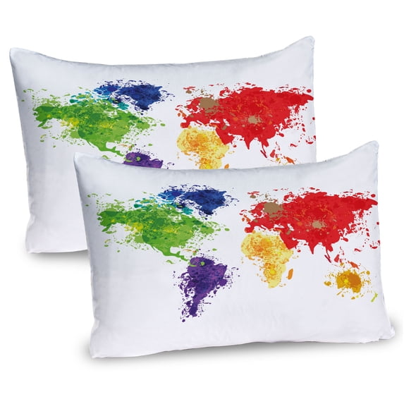 Ambesonne Map Pillow Sham 2 Pack, World Map Art, 26"x20", Red Purple and Yellow
