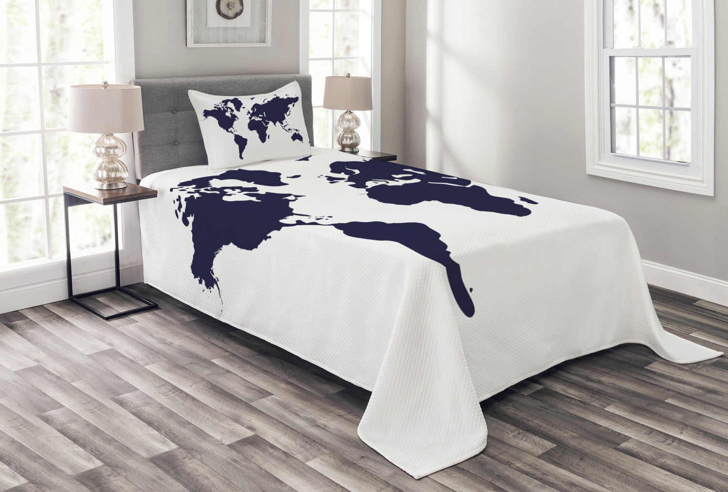 Ambesonne Ambesonne Map Bedspread Set Vivid Indigo World Graphic Indigo White