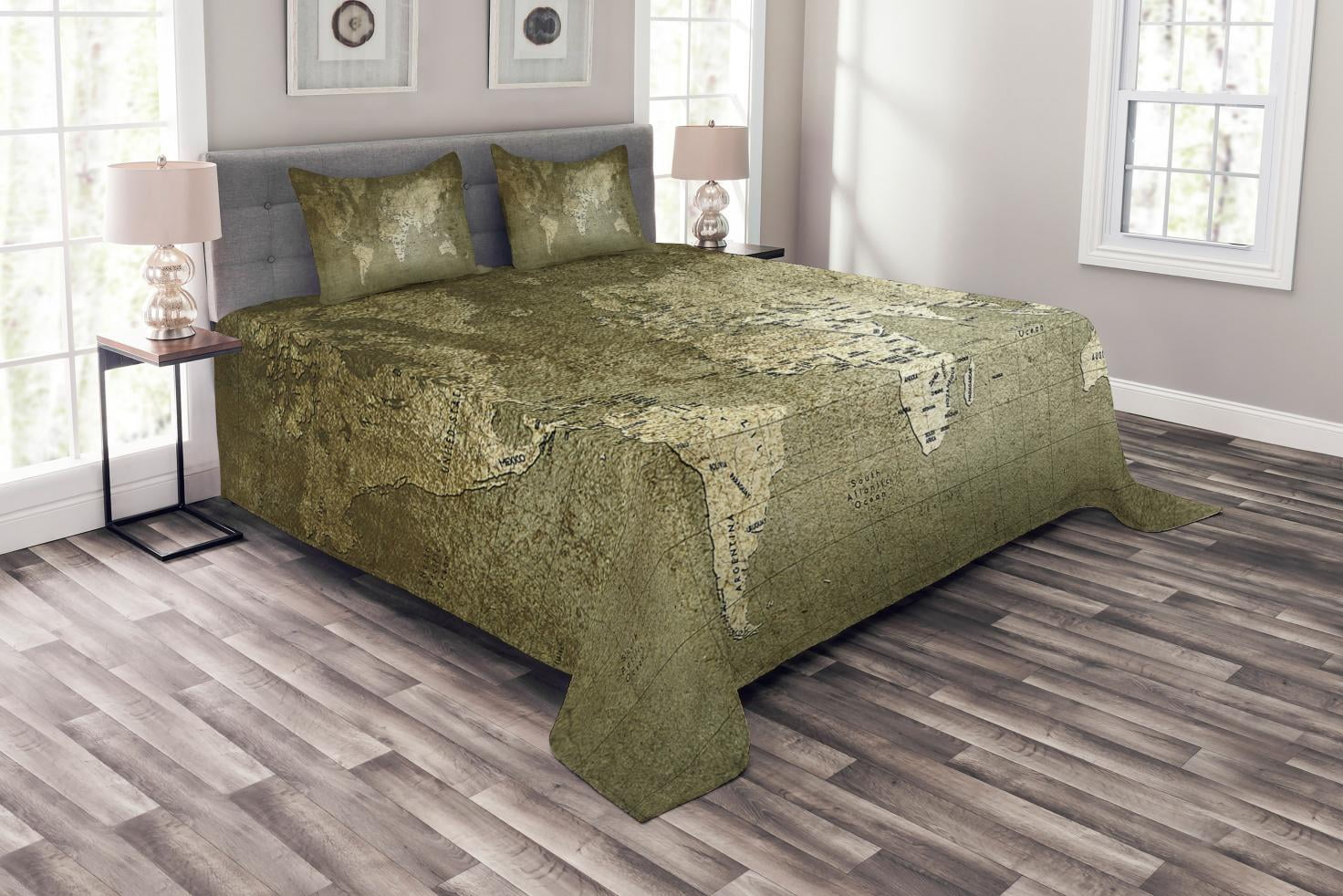 Queen Size White Quilted Bedspread Set with World Map Design