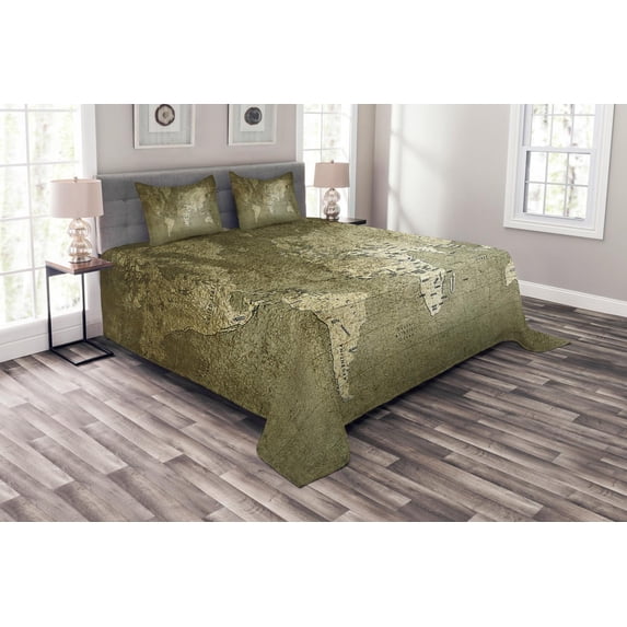 Ambesonne Map Quilted Bedspread Set 3 Pcs, Nostalgic World Map, Queen Size, Army Green