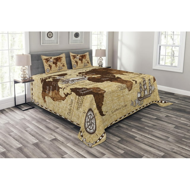Ambesonne Map Quilted Bedspread Set 3 Pcs, Retro Sketch World Map, Queen Size, Brown and Sand Brown