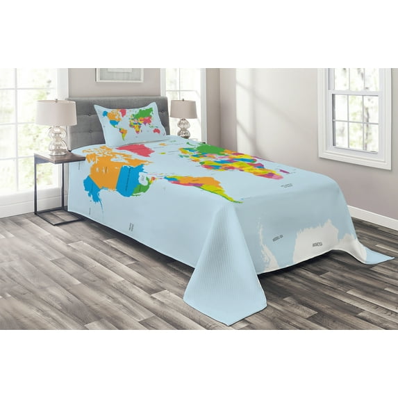 Ambesonne Map Quilted Coverlet 2 Pcs, Colorful Political World, Twin Size, Multicolor