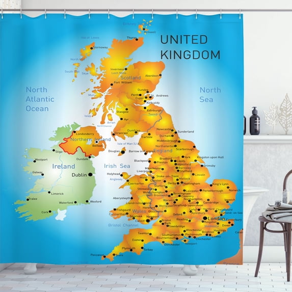 Ambesonne Map Shower Curtain, United Kingdom Country Borders, 69"Wx75"L, Sky Blue Multicolor
