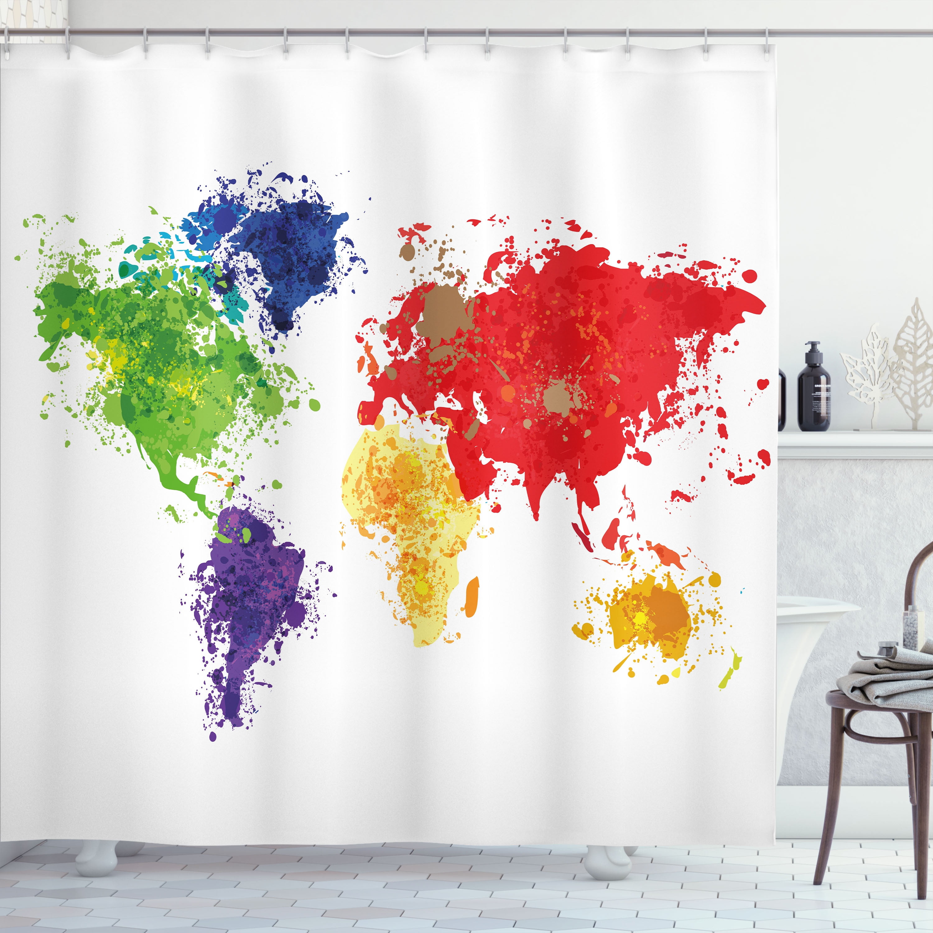 Ambesonne Map Shower Curtain, World Map Art, 69"Wx84"L, Red Purple and Yellow