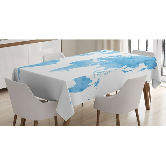 Ambesonne Map Tablecloth Rectangular Table Cover, Blue Watercolor World Map, 60"x84", Pale Blue White
