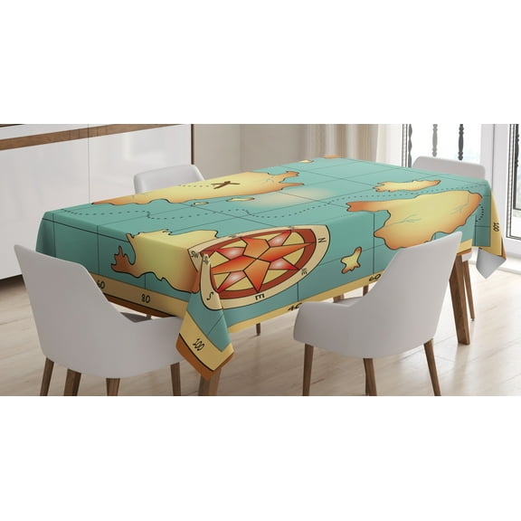 Ambesonne Map Tablecloth Rectangular Table Cover, Treasure Compass, 60"x90", Cream Blue