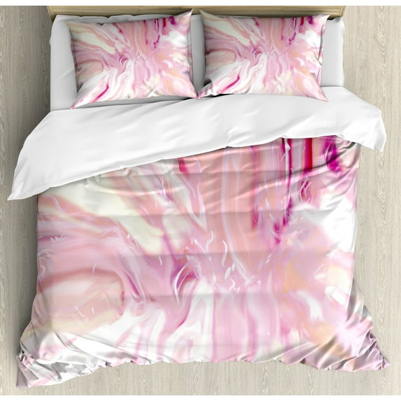 Ambesonne Marble Print Duvet Cover Set, Watercolors Mixed, 2-Calking, Magenta Coral Cream