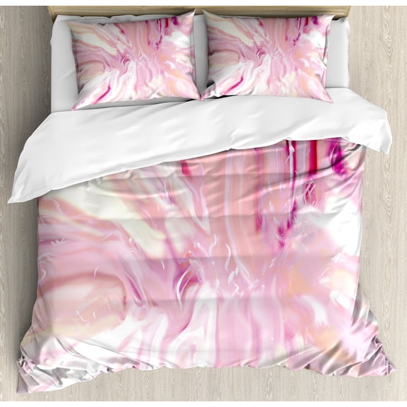 Ambesonne Marble Print Duvet Cover Set, Watercolors Mixed, Queen, Magenta Coral Cream