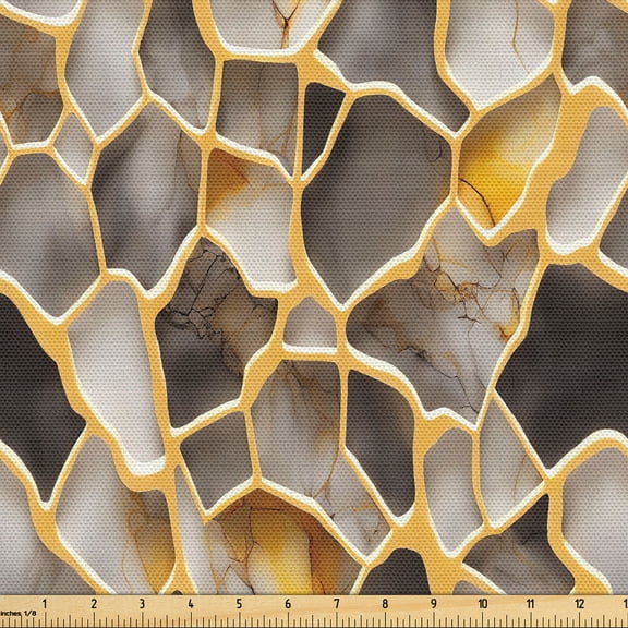 Ambesonne Marble Print Fabric by the Yard Upholstery, Marbling Look Pattern, 3 Yards, Mustard and Taupe Grey