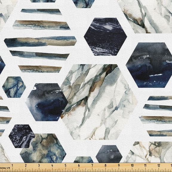 Ambesonne Marble Print Fabric by the Yard Upholstery, Stone Print Geometric, 3 Yards, White Dark Blue and Eggshell