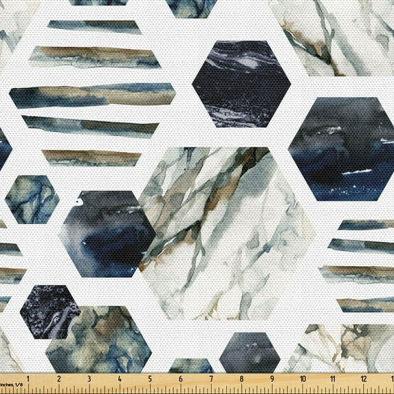 Ambesonne Marble Print Fabric by the Yard Upholstery, Stone Print Geometric, 5 Yards, White Dark Blue and Eggshell