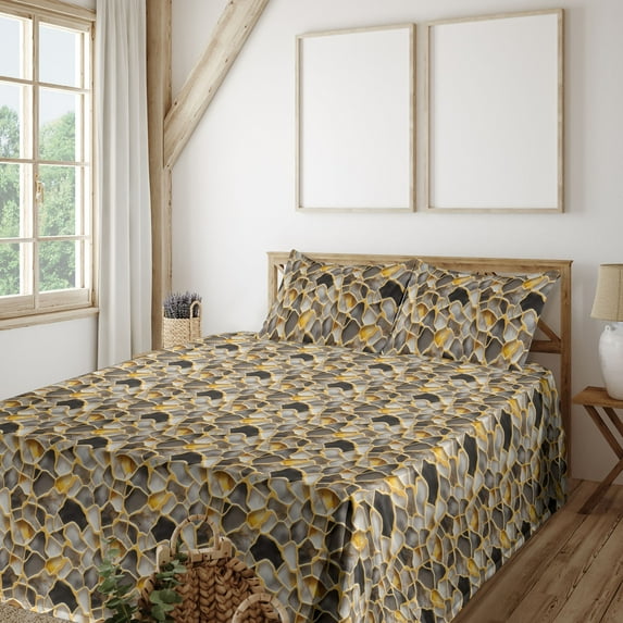 Ambesonne Marble Print Fitted & Flat Sheet with Sham 3 Pcs Set, Marbling Look Pattern, Twin, Mustard and Taupe Grey