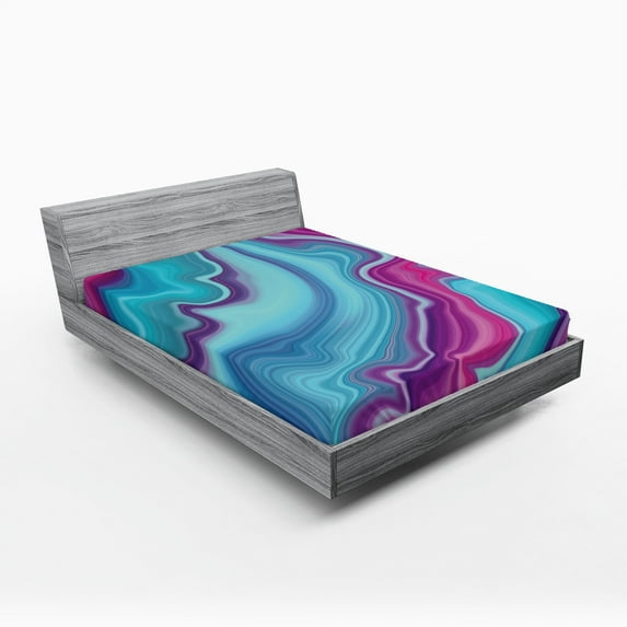 Ambesonne Marble Print Fitted Sheet 2 Pcs Set, Liquid Wavy Aqua Rock, California King, Aqua Pink