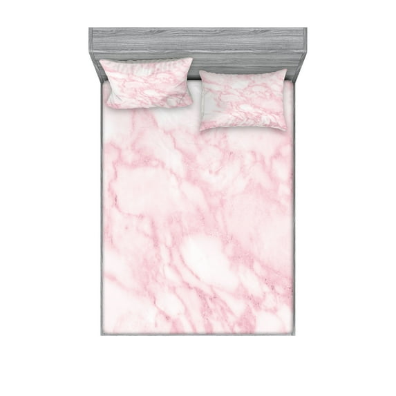 Ambesonne Marble Print Fitted Sheet & Pillow Sham Set, Soft Granite Texture, Calking, Pale Pink