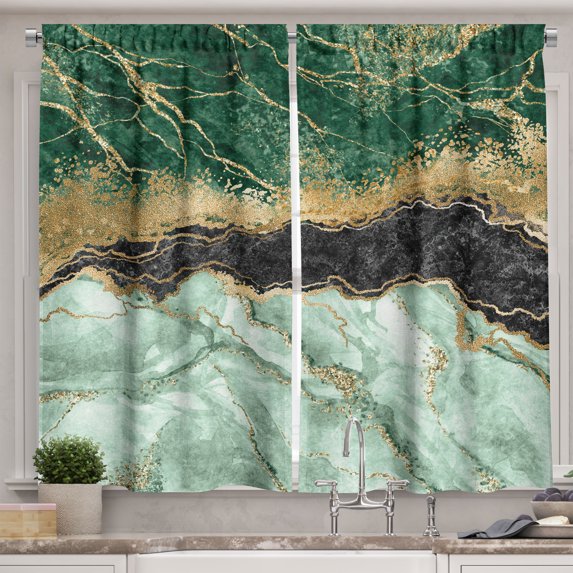 Ambesonne Marble Print Kitchen Curtains, Watercolor Stains Art, 55"x45", Hunter Green Grey