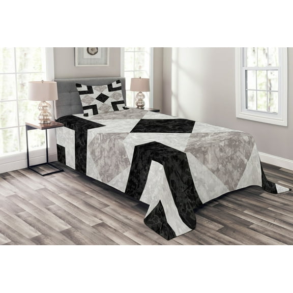Ambesonne Marble Print Quilted Bedspread Set 2 Pcs, Marble Effect, Twin Size, Black Beige